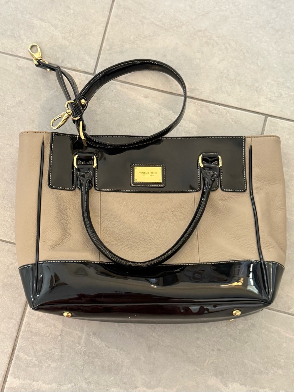 Tignanello Taupe Leather Tote with Black Patent Trim